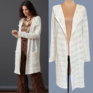 NWOT Boho Crochet Cardigan Duster Sz XL Open Front Cream Cottage Coastal